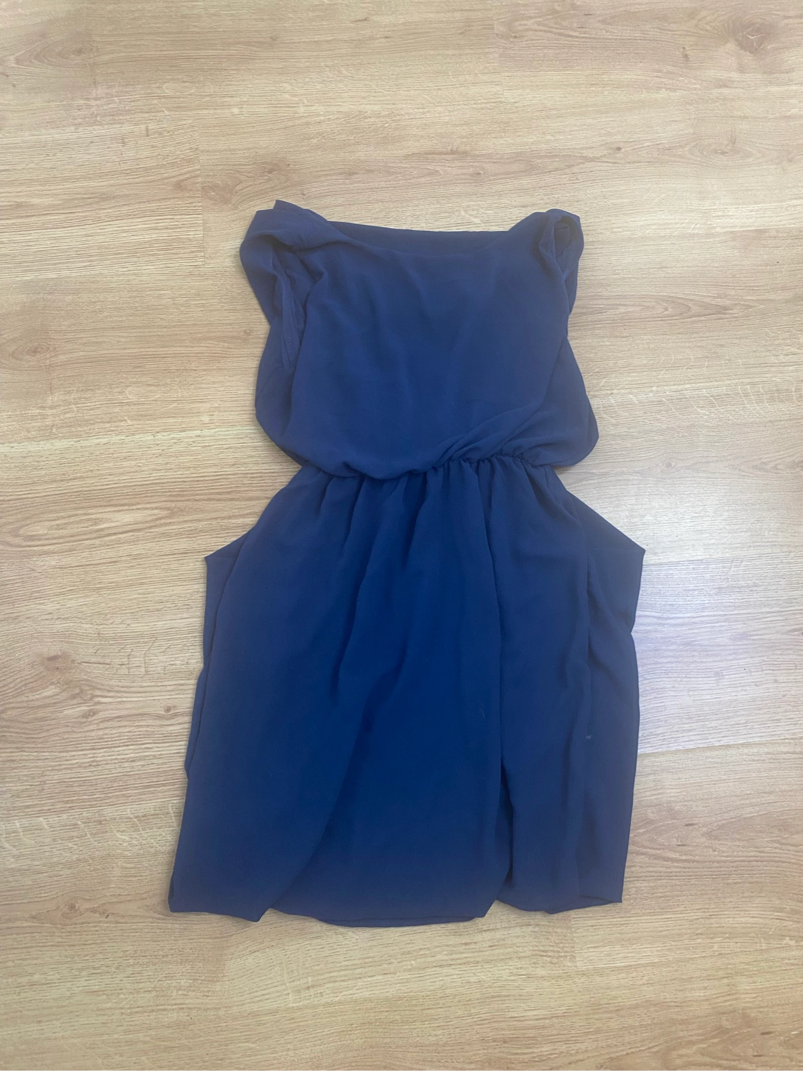 Vestido MIM Talla 36 S Azul Marino Navy Cuello Bautizo Drapeado Sin Mangas Fluido – photo 3